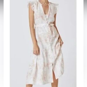 Cloth & Stone Anthropologie Pink 100% Linen Flutter Sleeve Midi Dress Size XXS